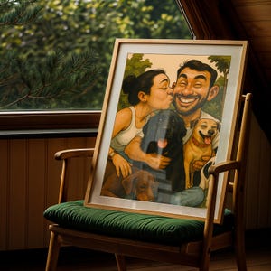 May include: A framed portrait of a couple with four dogs, displayed on a wooden chair with a green cushion. The artwork features a man and woman smiling, with a black, brown, and two tan dogs. The frame is light brown.