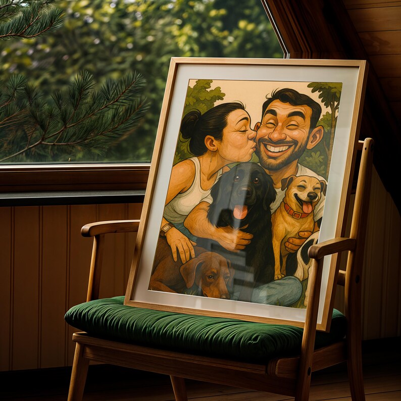 May include: A framed portrait of a couple with four dogs, displayed on a wooden chair with a green cushion. The artwork features a man and woman smiling, with a black, brown, and two tan dogs. The frame is light brown.
