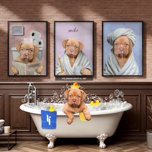 Custom Bathroom Pet Wall Art, Bathtub, Funny Pet Portrait, Personalized Pet Gift,  Dog In Toilet, Dog Reading Newspaper on Toilet, Pet Gift