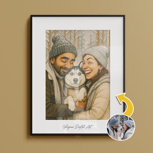 May include: A framed digital art print featuring a couple and a husky dog in a snowy forest scene. The couple is smiling and embracing the dog, which has blue eyes. The artwork is signed "Veligman Digital Art".
