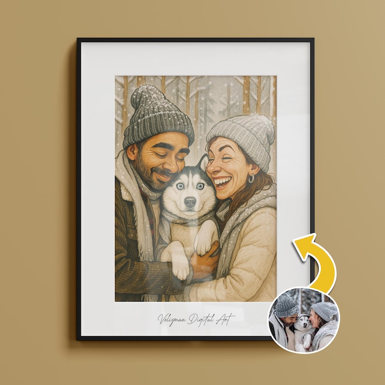 May include: A framed digital art print featuring a couple and a husky dog in a snowy forest scene. The couple is smiling and embracing the dog, which has blue eyes. The artwork is signed "Veligman Digital Art".