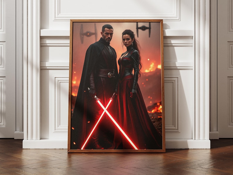 May include: A framed wall art print depicting two figures in dark attire standing against a fiery, volcanic landscape. Both figures hold glowing red lightsabers crossed in front of them. Two TIE fighter silhouettes are visible in the smoky sky.