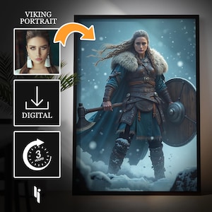 以下が含まれることがあります： 青いと茶色のコスチュームを着た女性戦士が、大きな斧と盾を持っているデジタルペイント。彼女は雪が降る背景の雪景色に立っている。