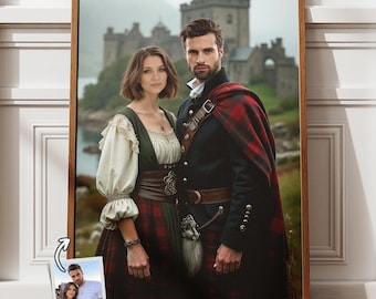 May include: A framed portrait featuring a person in a cream blouse with a green and red plaid skirt and a person in a dark jacket with a red and black plaid cape, both standing before a stone castle. A small photo insert shows the two individuals.