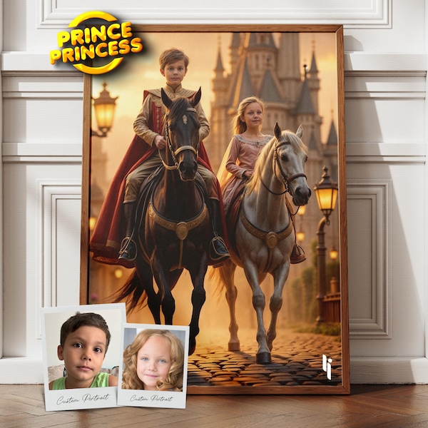 Custom Kids Royal Portrait From Photo, Custom Child Portrait, Royal Portrait, Historical Kids, Sibling Portrait, Horse Riding Child Gift