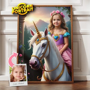 Custom Unicorn Princess Portrait from Photo, Unicorn Rider Girl Kid, Unicorn Birthday Gift, Custom Kid Portrait, Personalized Portrait Gift