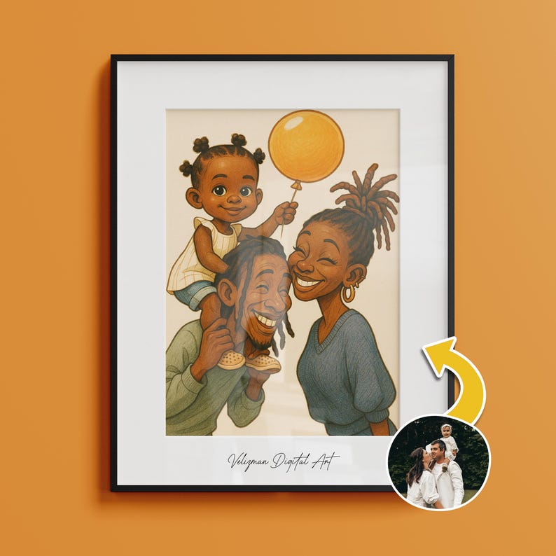 May include: A framed family portrait featuring a smiling family of three, with a child on the father's shoulders holding a yellow balloon. The artwork is in a black frame and has the text "Veligman Digital Art" at the bottom.