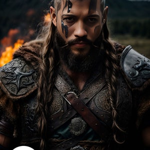 Op de afbeelding: Een man met lang gevlochten haar en een baard, die een leren en metalen harnas draagt met ingewikkelde ontwerpen. Hij heeft zwarte markeringen op zijn gezicht en een serieuze uitdrukking. De achtergrond is wazig en toont een vuur en een bos.