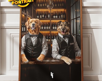 May include: Two dogs dressed as bartenders stand behind a bar counter. The dog on the left is a golden retriever wearing a black vest and bow tie. The dog on the right is a brown and black dog wearing a white shirt, black vest, and bow tie. Both dogs are looking at the camera. The bar counter is made of wood and has a bottle of liquor and a glass of whiskey on it. The background is a wall with shelves of wine bottles.