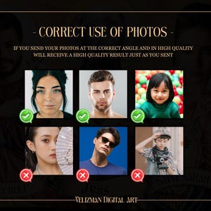 May include: A graphic with six photos showing examples of correct and incorrect photos for use in a digital art service. The text reads "Correct Use of Photos" and "If you send your photos at the correct angle and in high quality, will receive a high quality result just as you sent."
