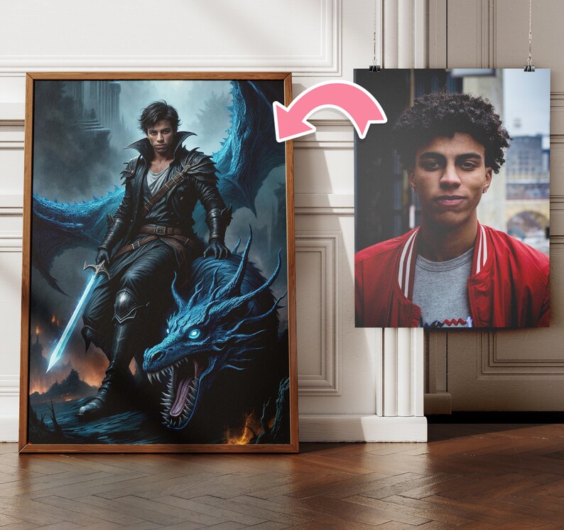 Custom Dragon Warrior Portrait | Knight with Dragon Portrait From Photo | GOT Portrait | Custom Fantasy Portrait | Gift for Him | Dad Gifts image 2
