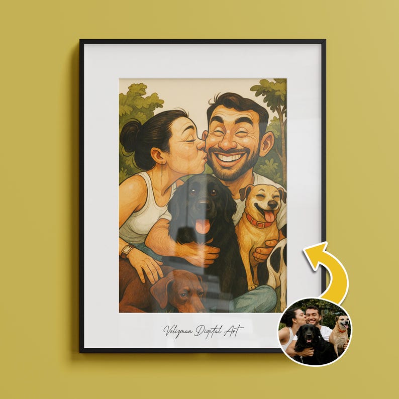May include: Framed digital art print featuring a couple with four dogs. The artwork depicts a man and woman smiling, with a black Labrador, a golden retriever, a brown dog, and a black and white dog. The print is in a black frame.