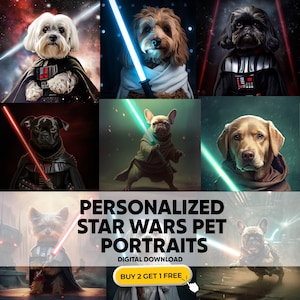 Puede incluir: Un collage de nueve imágenes con perros vestidos como personajes de Star Wars. Los perros sostienen sables de luz y están en varias poses de acción. El texto "Retratos de mascotas de Star Wars personalizados" y "Descarga digital" se muestra en la parte inferior del collage. El texto "Compra 2, obtén 1 gratis" se muestra en un botón amarillo.