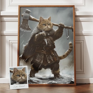 May include: A brown tabby cat dressed as a warrior, holding a large axe and wearing a leather tunic and armour. The cat is standing in a snowy landscape with a stormy sky in the background.