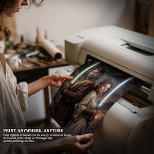 May include: A printed sheet of paper showing a digital illustration of two individuals in brown and beige robes holding glowing light sabers. The print features a man and a woman standing back to back against a dark, cloudy sky background.