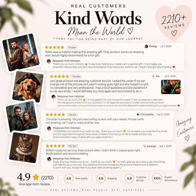 Customer reviews for custom digital portrait shop, 4.9 star rating, real customer testimonials personalized artwork
