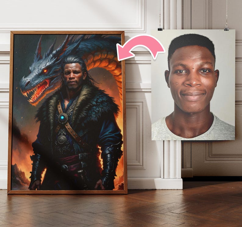 Custom Dragon Warrior Portrait | Knight with Dragon Portrait From Photo | GOT Portrait | Custom Fantasy Portrait | Gift for Him | Dad Gifts image 3