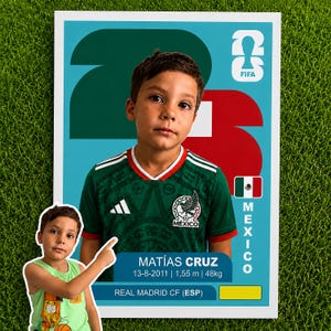 以下が含まれることがあります： 緑色のメキシコ代表ユニフォームを着た若いサッカー選手の肖像画が描かれた長方形のトレーディングカード。カードには、マティアス・クルスという名前、生年月日13-8-2011、身長1.55m、体重48kg、所属チームのレアル・マドリードCF（ESP）、FIFAロゴが表示されています。