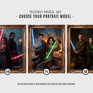 Custom lightsaber couple portrait styles 10-12, Jedi warrior fantasy art, personalized Star Wars style portrait options