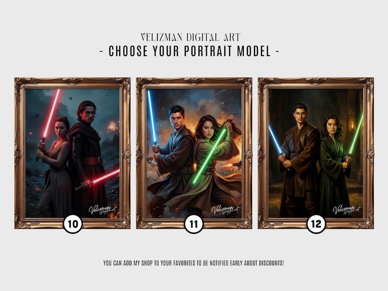 Custom lightsaber couple portrait styles 10-12, Jedi warrior fantasy art, personalized Star Wars style portrait options