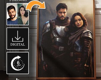 Custom Mandalorian Couple Portrait, Custom Mother's Day Gift Art, Love Couple Sci-Fi Gift