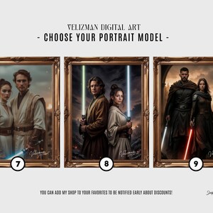 Custom Jedi couple portrait styles 7-9, lightsaber warrior couple art, choose your personalized fantasy portrait design