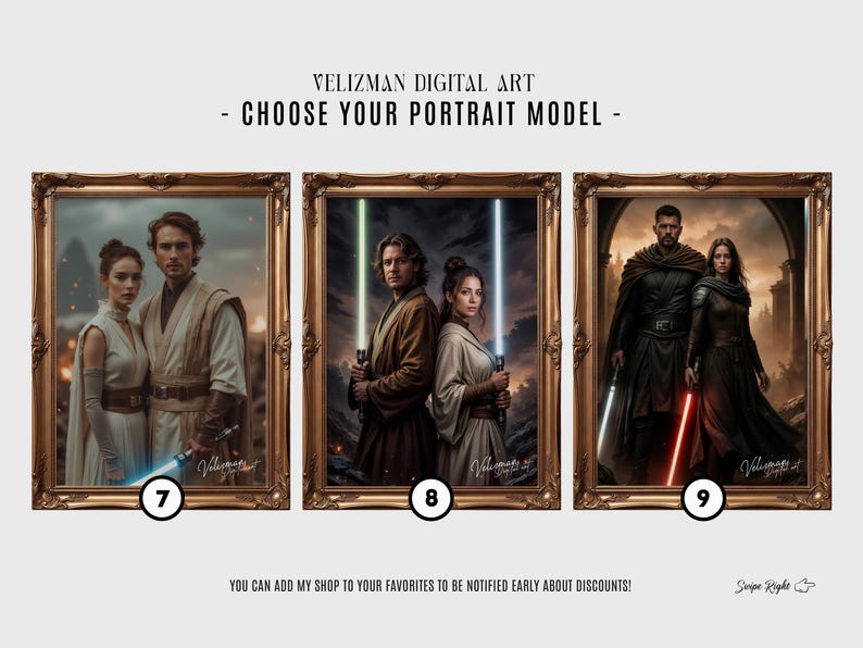 Custom Jedi couple portrait styles 7-9, lightsaber warrior couple art, choose your personalized fantasy portrait design