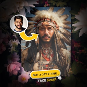 Könnte beinhalten: Ein Face-Swap-Bild mit dem Gesicht einer Person, das über das Gesicht eines indianischen Mannes gelegt wurde, der eine traditionelle Kopfbedeckung trägt. Das Bild hat einen gelben Pfeil, der auf den Bereich des Face-Swaps zeigt. Der Text "BUY 2 GET 1 FREE" und "FACE SWAP" befindet sich am unteren Rand des Bildes.