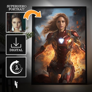 Custom Iron Woman Portrait from Photo, Personalized Portraits, Irongirl Portrait, Gift for her, Superhero Portrait Gift, Strong Woman