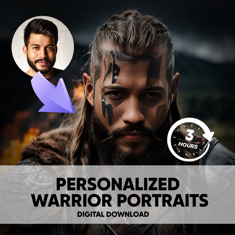 Op de afbeelding: Digitale download van een gepersonaliseerd krijgerportret. Het gezicht van een man is gesuperponeerd op het lichaam van een krijger met zwarte gezichtsverf en een gevlochten baard. De afbeelding bevat de tekst "3 UUR".