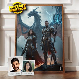 Benutzerdefinierte Drachen Krieger Paar Porträt vom Foto, Jubiläum Porträt, beste Geschenk für Paar, benutzerdefinierte Porträt, Vatertagsgeschenke, Papa Geschenke