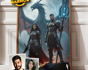 Custom Dragon Warrior Couple Portrait, Fantasy Anniversary Gift (Digital Download