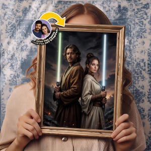 Turn your photo into custom Jedi-style couple portrait, personalized digital art from photo, send your picture custom order