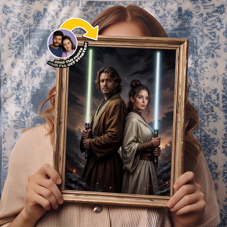 Turn your photo into custom Jedi-style couple portrait, personalized digital art from photo, send your picture custom order
