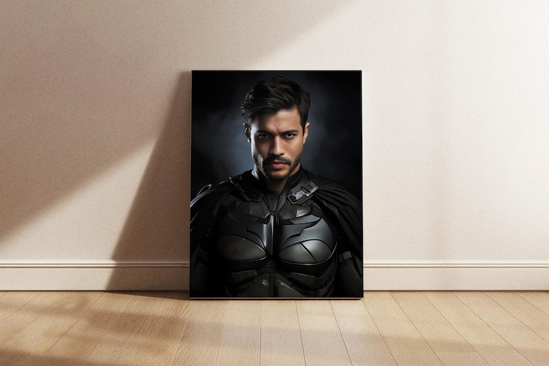 May include: A man dressed as a superhero, wearing a black and silver costume with a cape. He has short dark hair and a serious expression on his face.