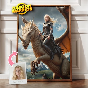 Custom Woman Riding a Dragon Portrait, Dragon Warrior Portrait, Custom Fantasy Portrait, Gift for Him, Woman Warrior, Portrait From Photo