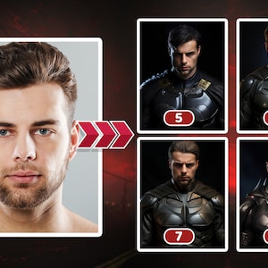 May include: A collage of four images showing a man's face and four different versions of a superhero costume. The man's face is in the top left corner of the image. The four superhero costumes are in the top right and bottom right corners of the image. Each costume is a different color and has a different design. The numbers 5, 6, 7, and 8 are in the bottom corners of each image.
