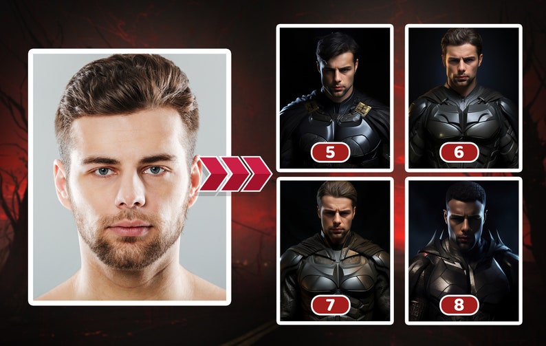 May include: A collage of four images showing a man's face and four different versions of a superhero costume. The man's face is in the top left corner of the image. The four superhero costumes are in the top right and bottom right corners of the image. Each costume is a different color and has a different design. The numbers 5, 6, 7, and 8 are in the bottom corners of each image.