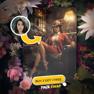 Può includere: Una donna con una giacca rossa e un cappello fedora è seduta su un divano in pelle in una stanza scarsamente illuminata. L'immagine contiene il testo "BUY 2 GET 1 FREE" e "FACE SWAP".