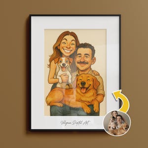 May include: A framed digital art print featuring a smiling couple with two dogs. The artwork is in a cartoon style, with the text "Veligman Digital Art" at the bottom. The dogs are a Jack Russell Terrier and a Golden Retriever.