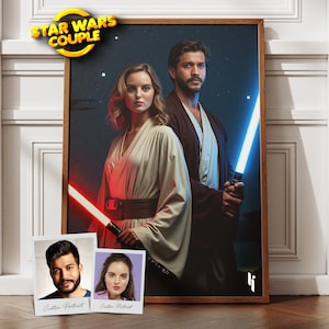 Custom Star Wars Couple Portrait from Photo, Jedi Portrait , Gift For Star Wars Fans, Family Portrait, Gift for Him, Valentine&#39;s Day Gift