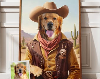 May include: A golden retriever dog wearing a brown cowboy hat and vest, with a red bandana around its neck. The dog is standing in a desert landscape with cacti in the background.