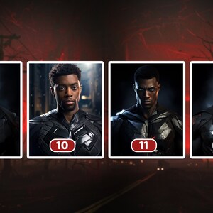 May include: Four close-up images of a man wearing a black and silver costume. The images are numbered 9 through 12.