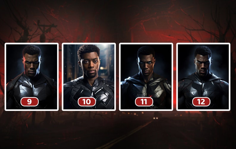 May include: Four close-up images of a man wearing a black and silver costume. The images are numbered 9 through 12.