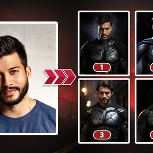 May include: A collage of four images showing a man's face transformed into a superhero. The man's face is shown in the top left corner. The other four images show the man's face superimposed onto a superhero's body in four different poses. The superhero is wearing a dark gray and black costume with a cape. The numbers 1, 2, 3, and 4 are displayed in red circles in the bottom right corner of each image.