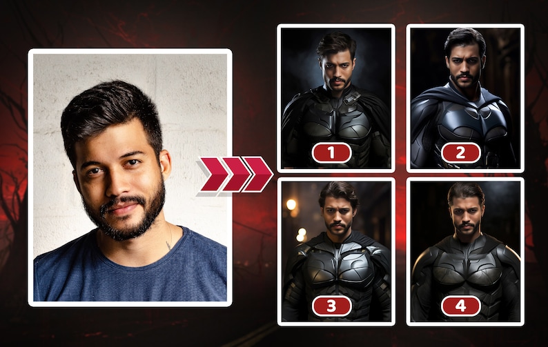 May include: A collage of four images showing a man's face transformed into a superhero. The man's face is shown in the top left corner. The other four images show the man's face superimposed onto a superhero's body in four different poses. The superhero is wearing a dark gray and black costume with a cape. The numbers 1, 2, 3, and 4 are displayed in red circles in the bottom right corner of each image.