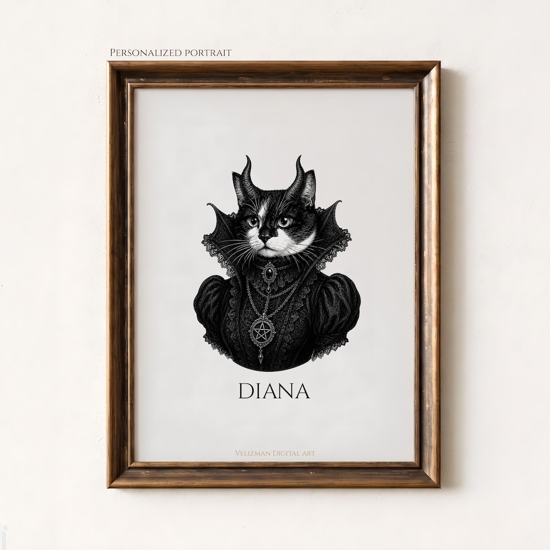 Custom Devil Cat Portrait From Photo, Gothic Halloween Pet Portrait, Monochrome Pet Wall Art