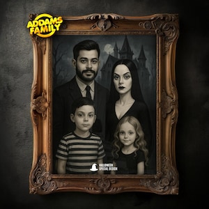 Puede incluir: Un retrato enmarcado de la Familia Addams, con un hombre, una mujer y dos niños vestidos de oscuro. Un castillo gótico es visible en el fondo. El marco es dorado y ornamentado, con el texto "Addams Family" y "Halloween Special Design".