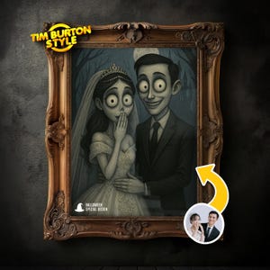 May include: A framed Tim Burton style portrait of a bride and groom. The bride wears a veil and a gown, covering her mouth with her hand. The groom wears a suit and tie. The frame is ornate and gold-colored. The text "Tim Burton Style" is in the upper left corner.
