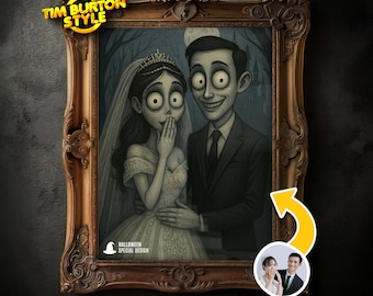 Portrait gothique personnalisé de style Tim Burton, cadeau d'Halloween personnalisé, art gothique de bande dessinée, portrait de famille effrayant drôle, cadeau portrait de couple